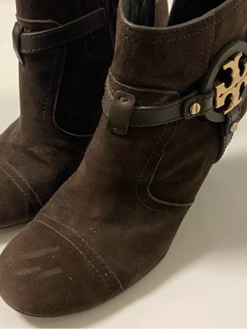 Tory Burch Dark Brown Suede Ankle Booties with Gold Logo Accent